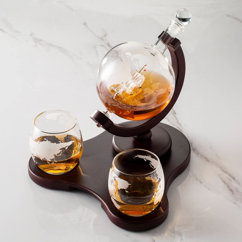 Verolux Whiskey Globe Decanter Set with 2 Glasses in Gift Box - Whiskey decanter for Liquor, Whiskey, Brandy, Gin, Rum, Tequila, Vodka, and Brandy - Home Bar Accessories for Men and Women - Image 1